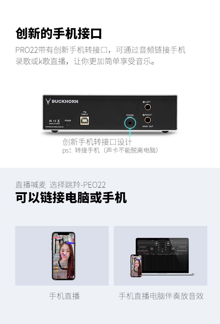 Buckhorn/跳羚PRO22 外置声卡套装 USB直播/录音声卡